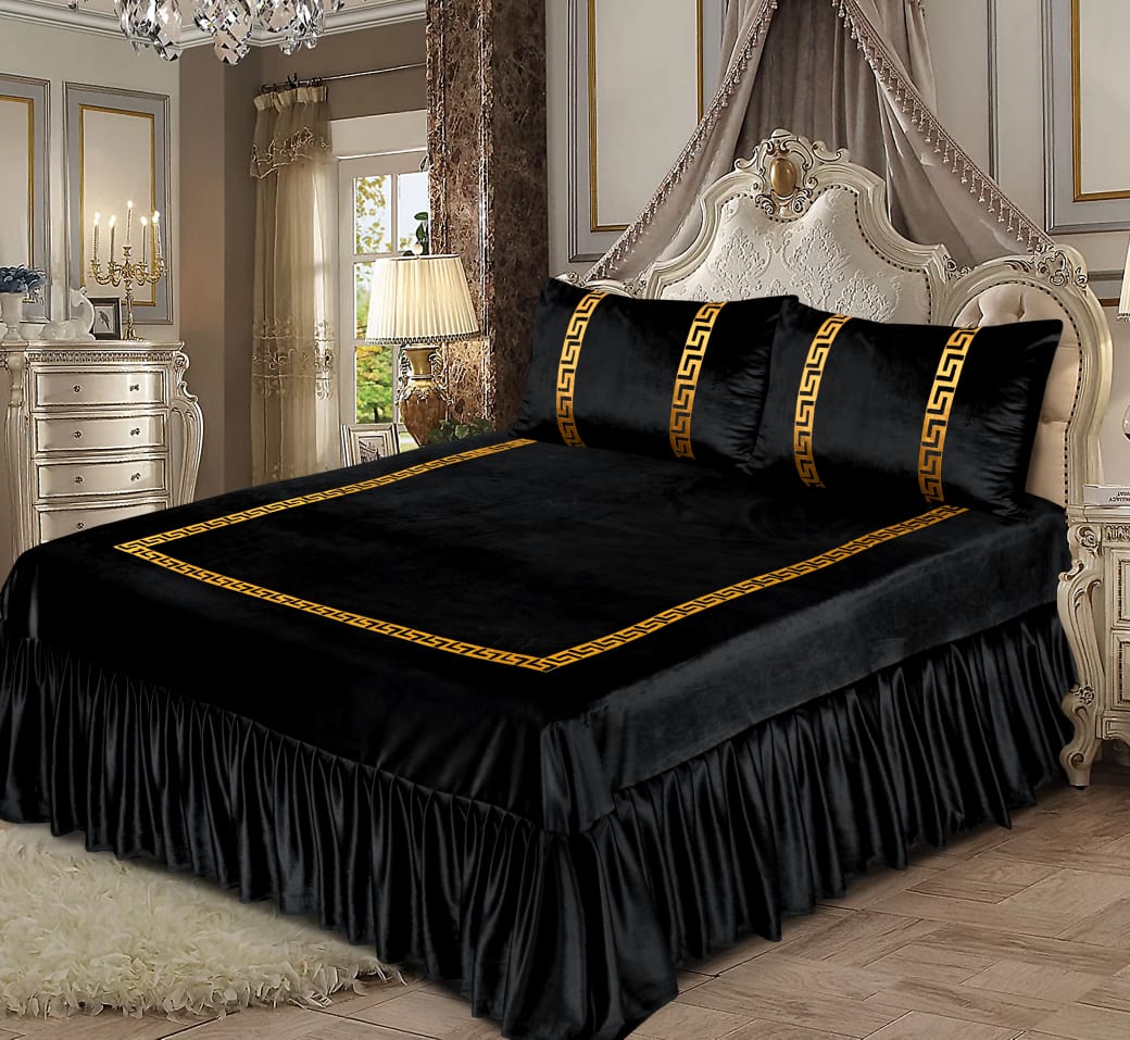 Shine Velvet Applique Bridal Bedset- Black